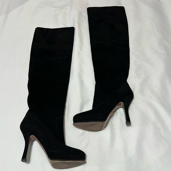 Prada Black Suede Platform Heeled Over the Knee Boots - Picture 1 of 16